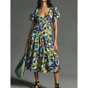 Anthropologie Floral Puff Sleeve Tiered Midi‎ Dress Chartreuse Teal Purple Large